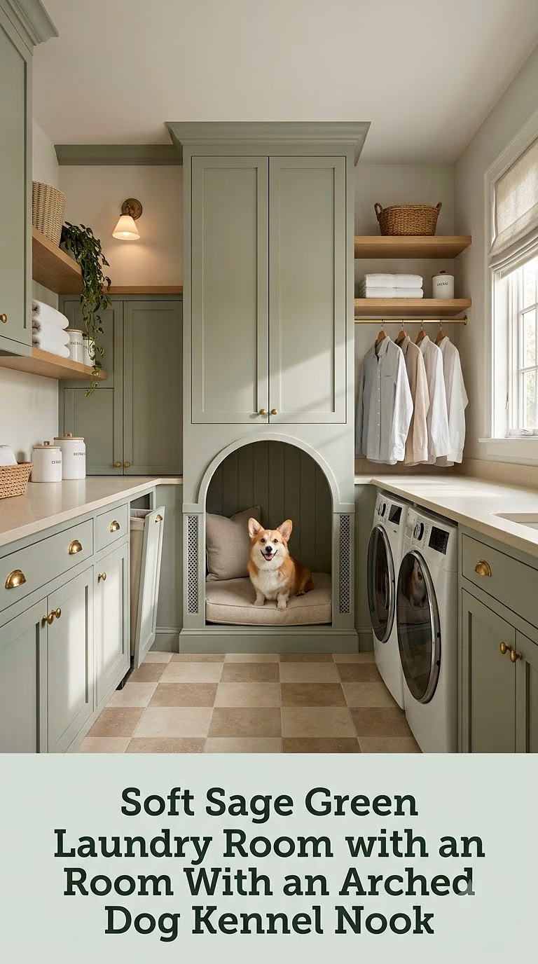 Soft Sage Green Laundry Room With an Arched Dog Kennel Nook