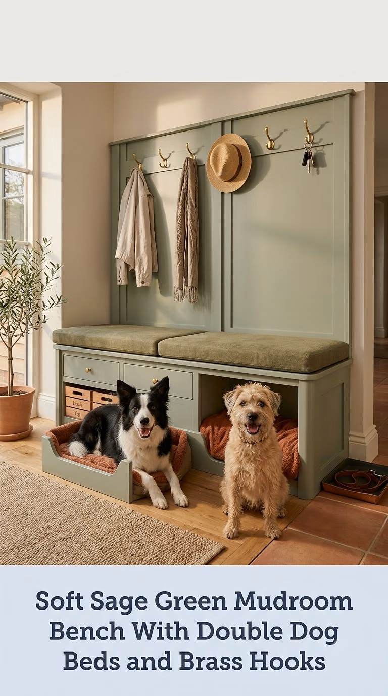 Soft Sage Green Mudroom Bench With Double Dog Beds and Brass Hooks