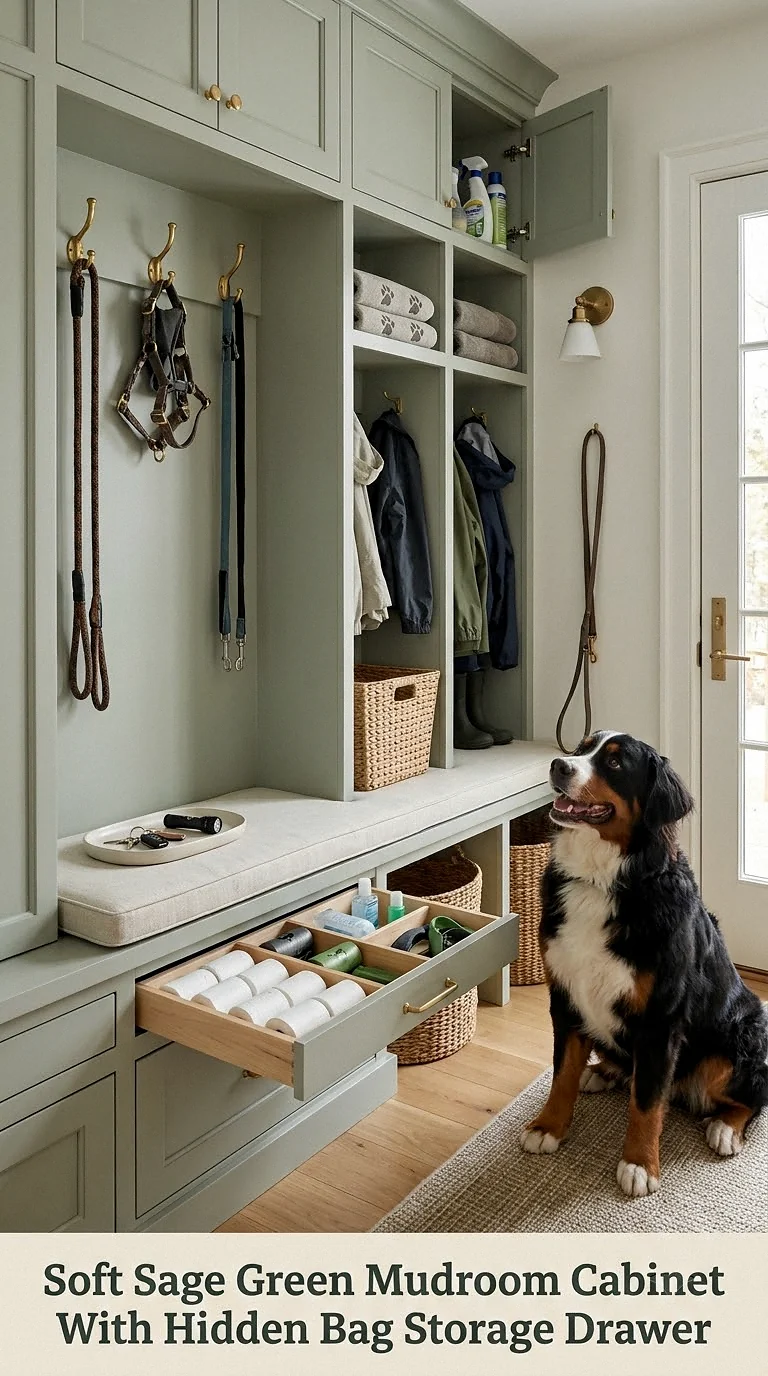 Soft Sage Green Mudroom Cabinet With Hidden Bag Storage Drawer