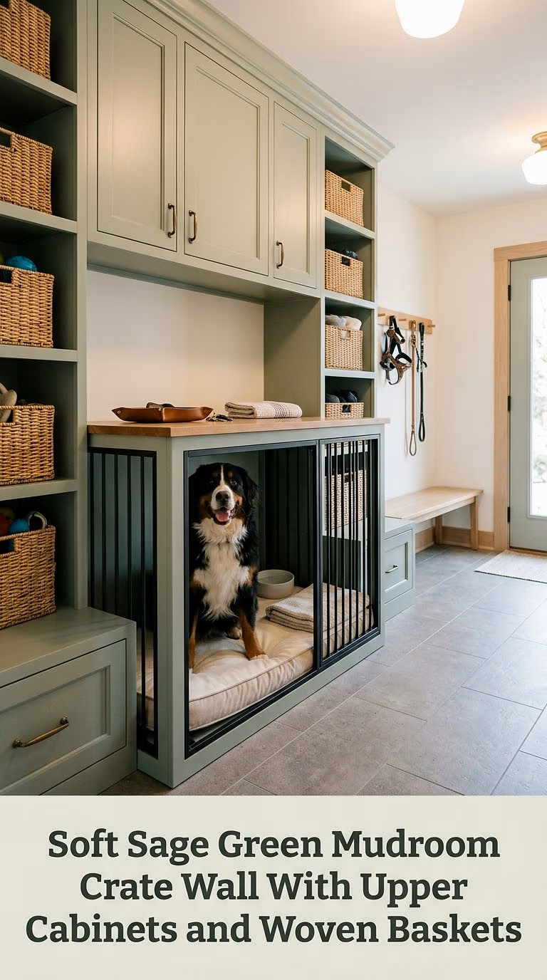 Soft Sage Green Mudroom Crate Wall With Upper Cabinets and Woven Baskets