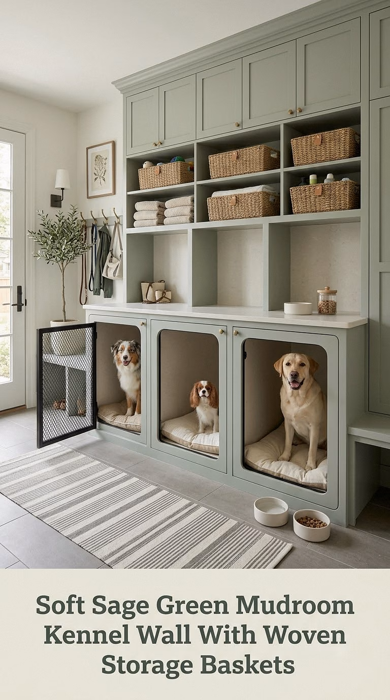 Soft Sage Green Mudroom Kennel Wall With Woven Storage Baskets