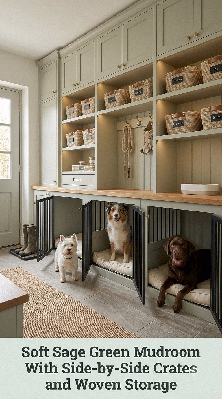 Soft Sage Green Mudroom With Side-by-Side Crates and Woven Storage