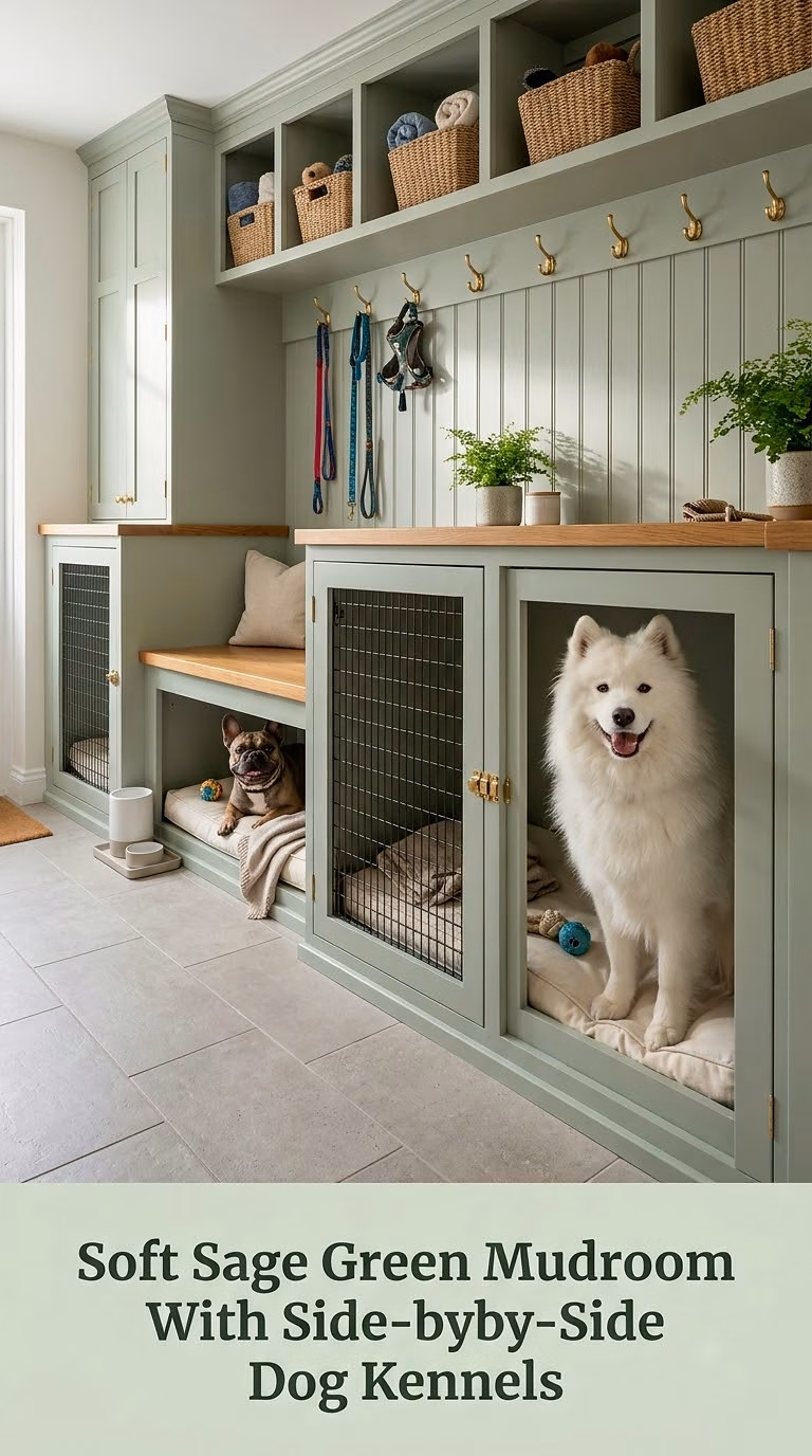 Soft Sage Green Mudroom With Side-by-Side Dog Kennels