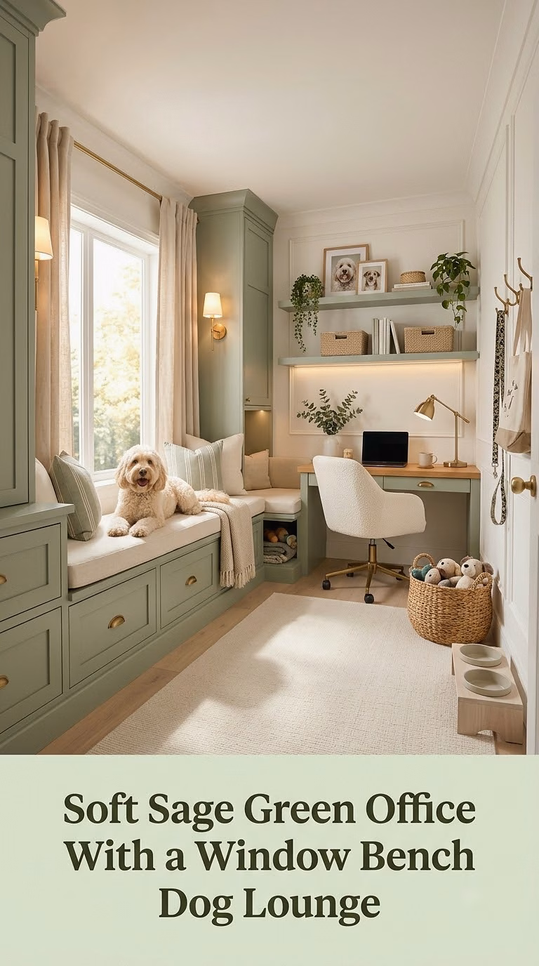 Soft Sage Green Office With a Window Bench Dog Lounge