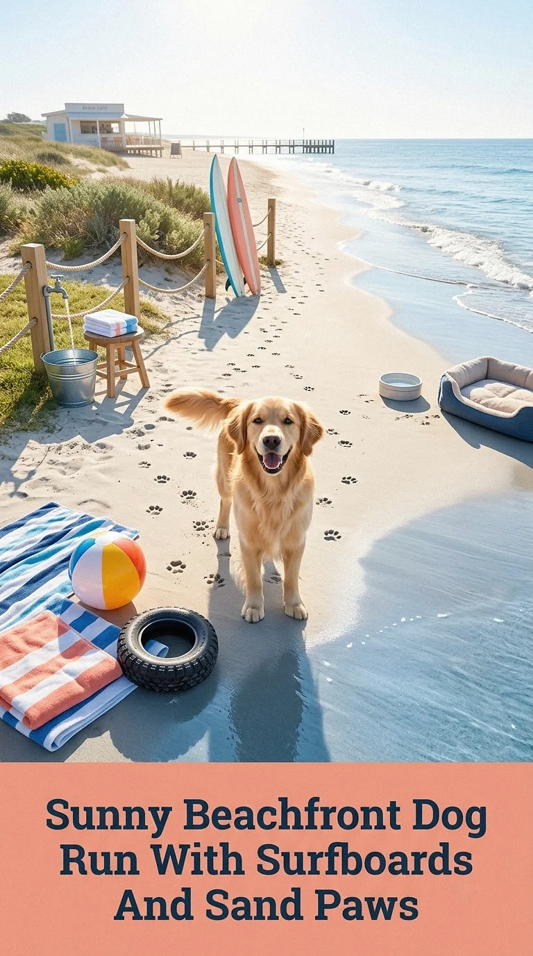 Sunny Beachfront Dog Run With Surfboards And Sand Paws