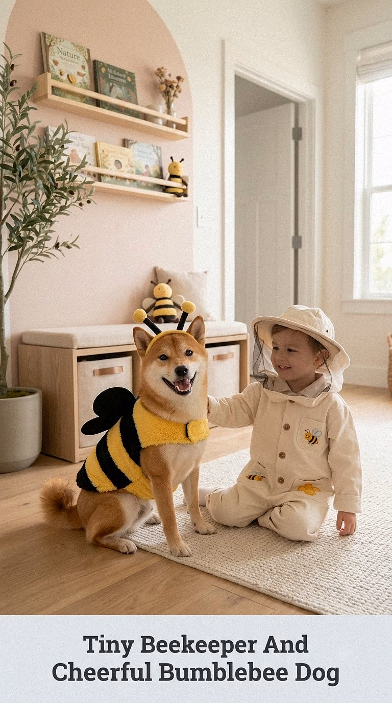 Tiny Beekeeper And Cheerful Bumblebee Dog