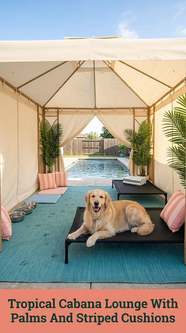 Tropical Cabana Lounge With Palms And Striped Cushions