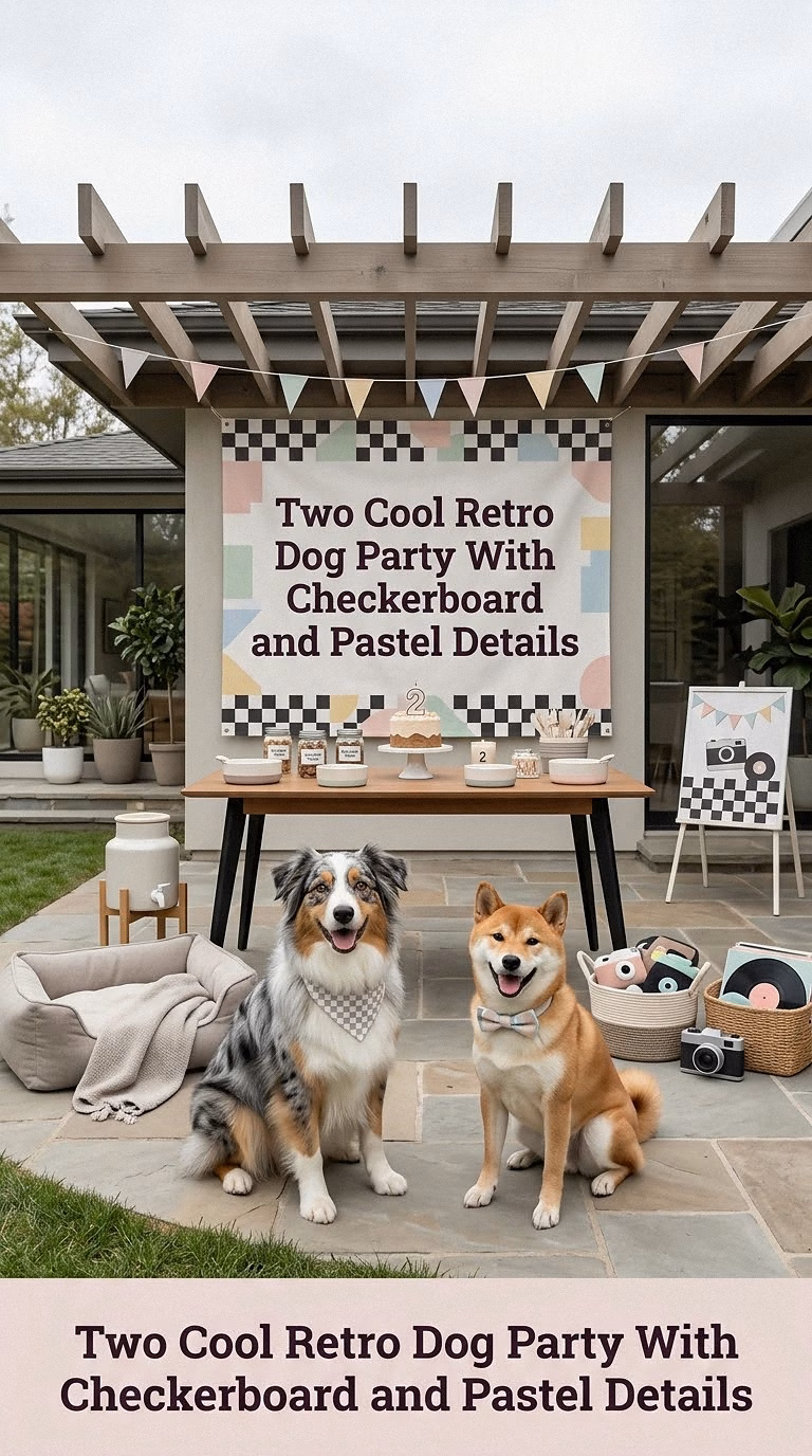 Two Cool Retro Dog Party With Checkerboard and Pastel Details