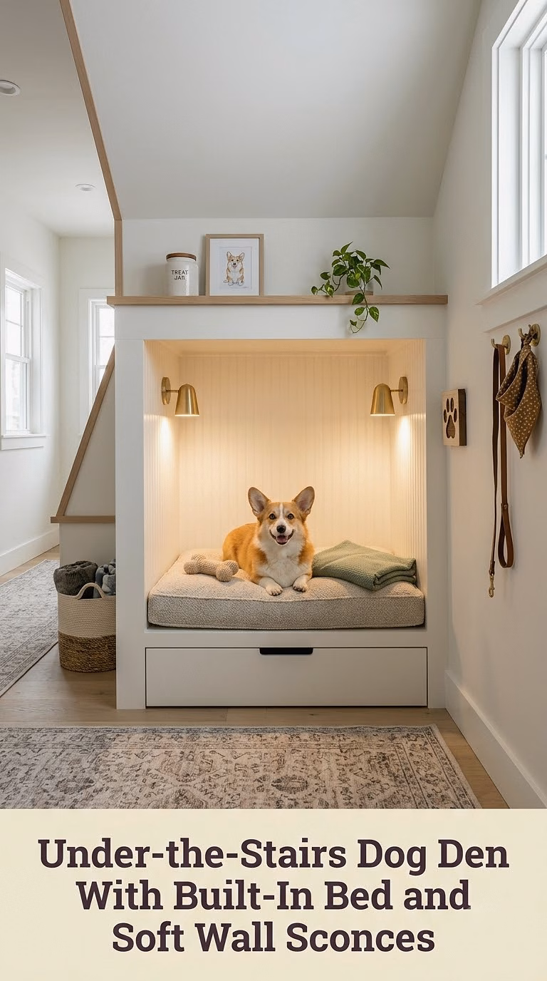 2. Under-the-Stairs Dog Den With Built-In Bed and Soft Wall Sconces