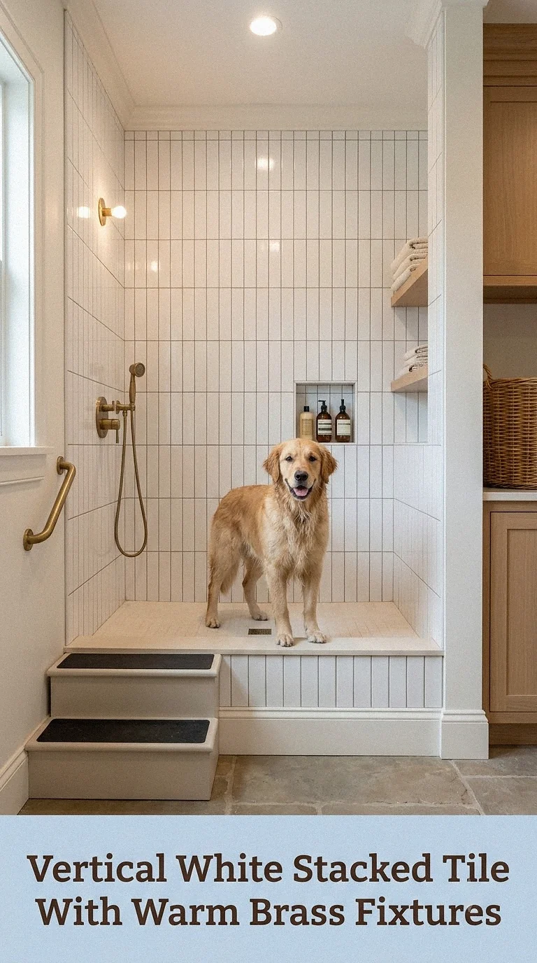 Vertical White Stacked Tile With Warm Brass Fixtures
