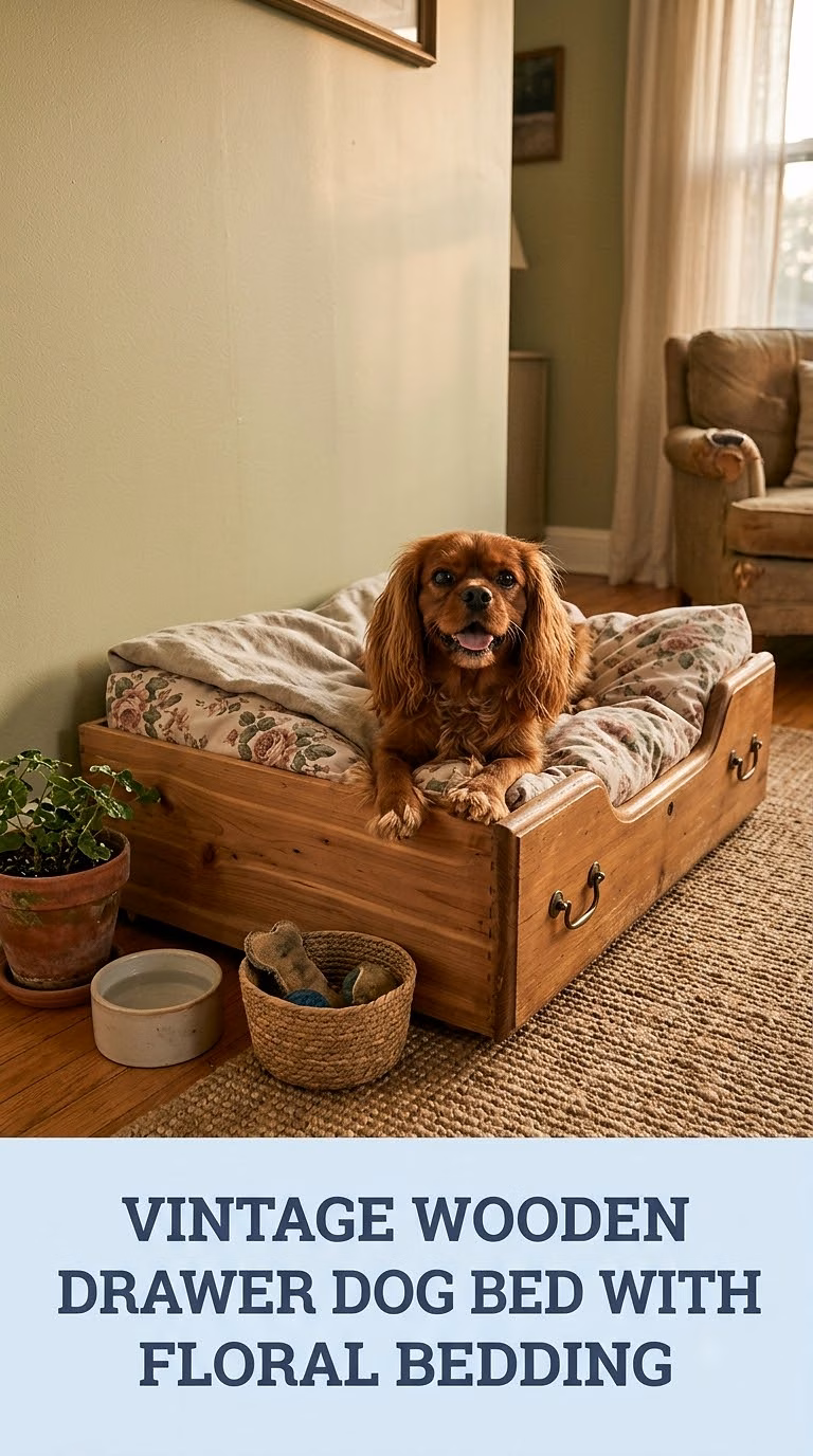 Vintage Wooden Drawer Dog Bed With Floral Bedding