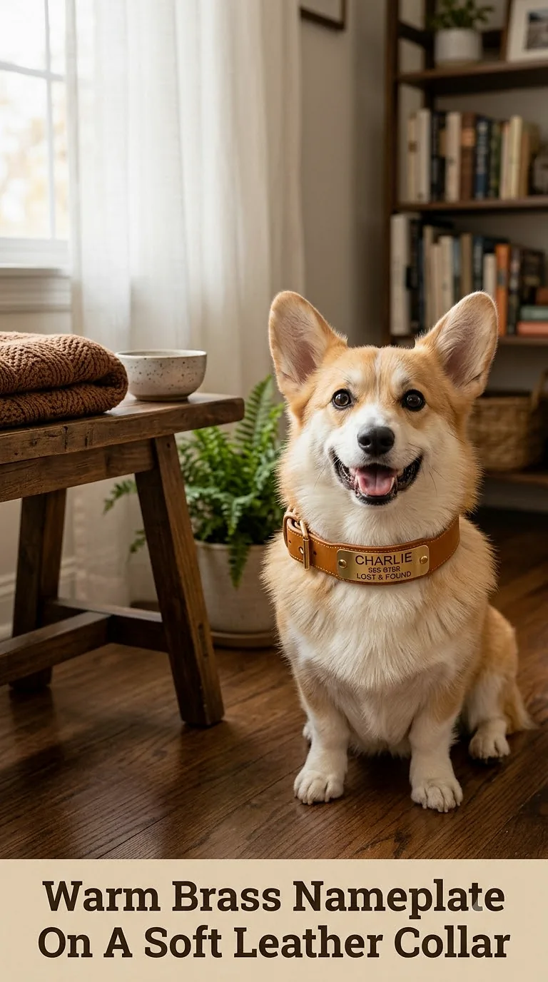 Warm Brass Nameplate On A Soft Leather Collar