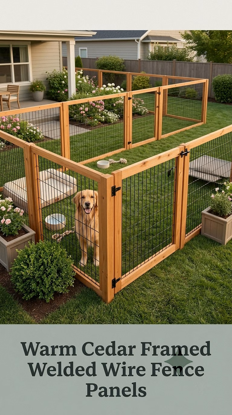 Warm Cedar Framed Welded Wire Fence Panels