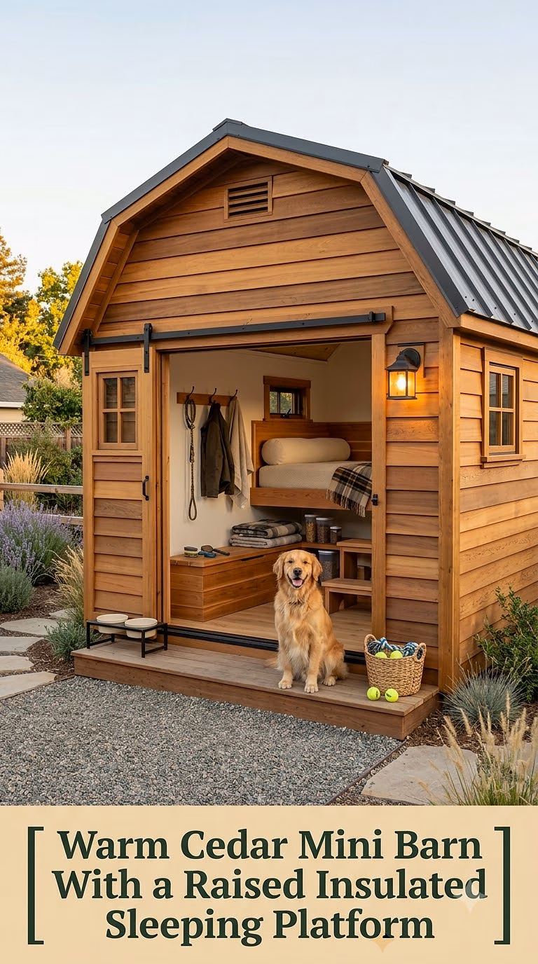 2. Warm Cedar Mini Barn With a Raised Insulated Sleeping Platform