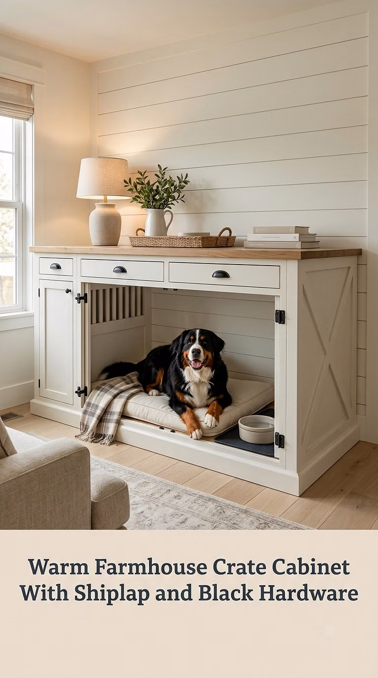 Warm Farmhouse Crate Cabinet With Shiplap and Black Hardware