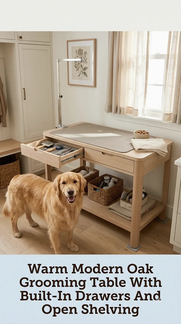 Warm Modern Oak Grooming Table With Built-In Drawers And Open Shelving