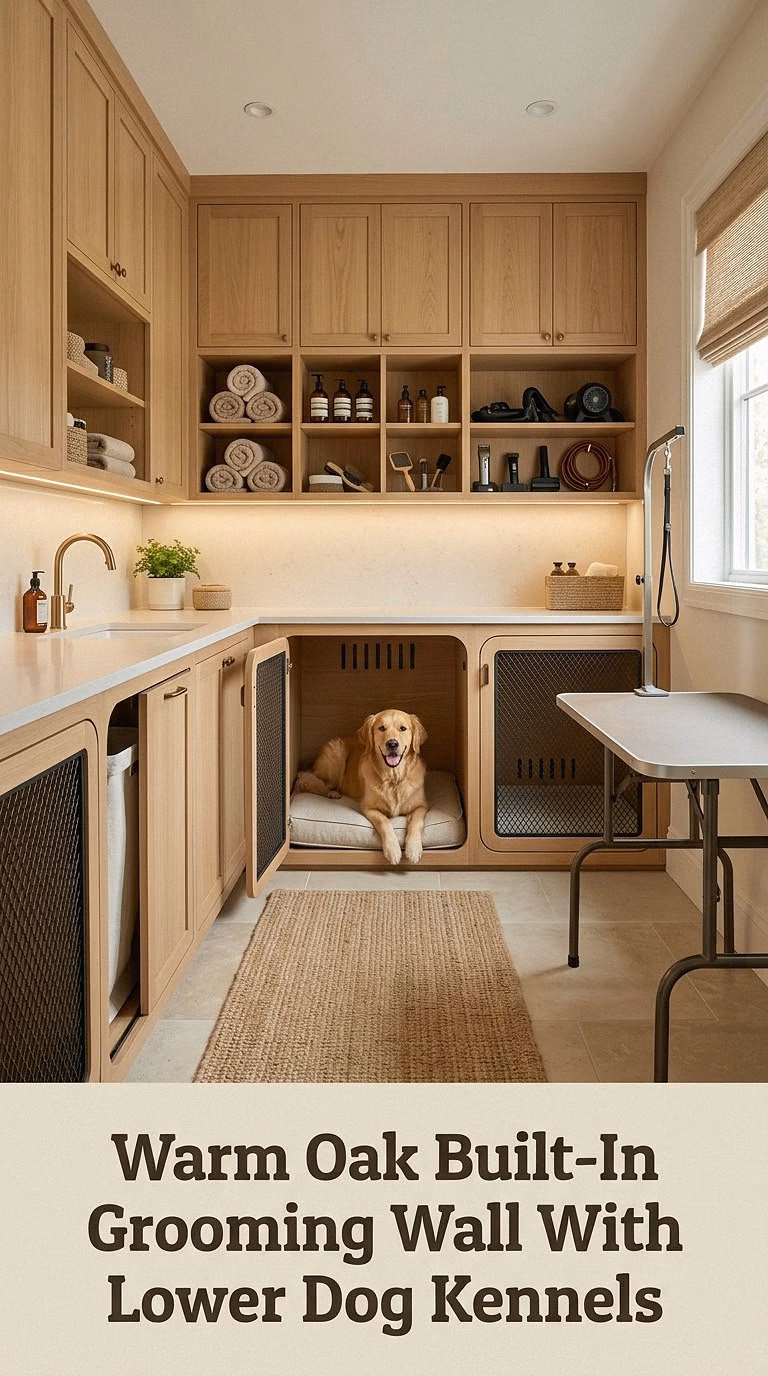 Warm Oak Built-In Grooming Wall With Lower Dog Kennels
