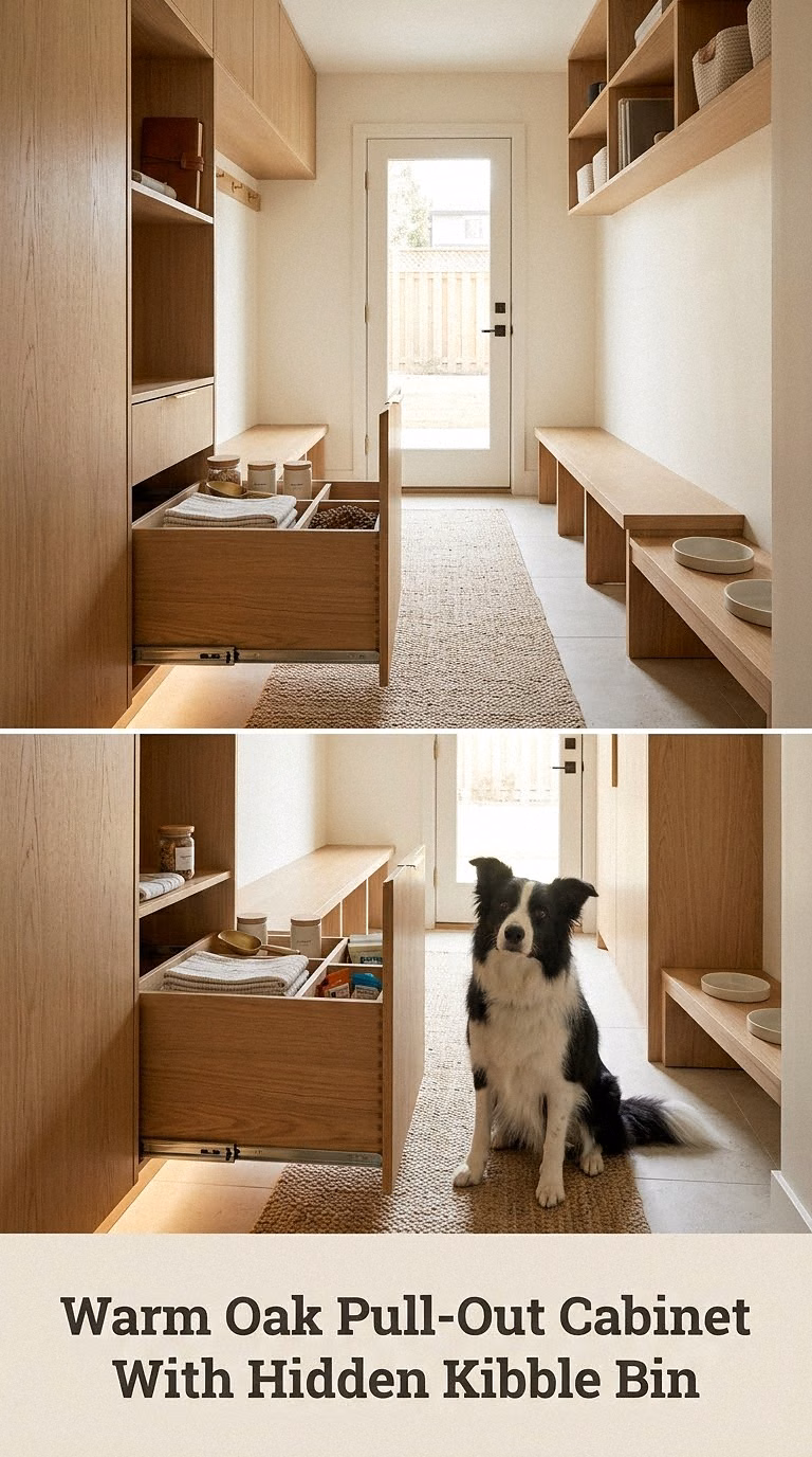 Warm Oak Pull-Out Cabinet With Hidden Kibble Bin