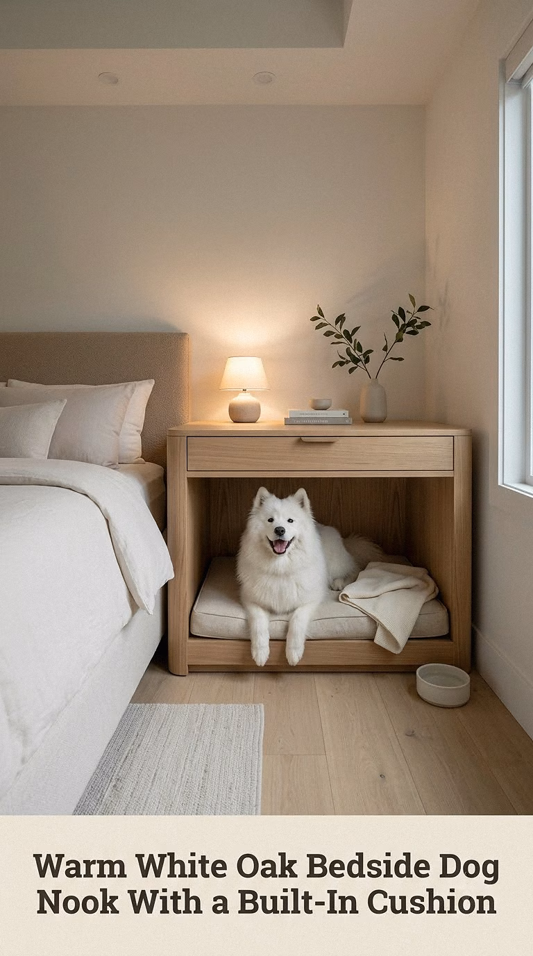 Warm White Oak Bedside Dog Nook With a Built-In Cushion