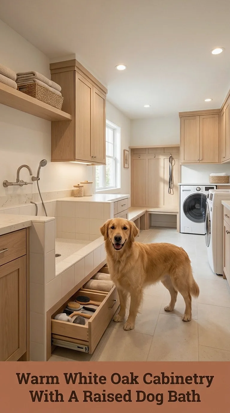 Warm White Oak Cabinetry With A Raised Dog Bath