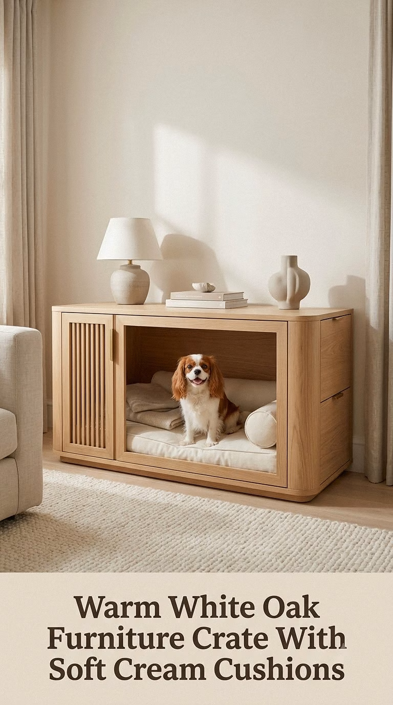 Warm White Oak Furniture Crate With Soft Cream Cushions