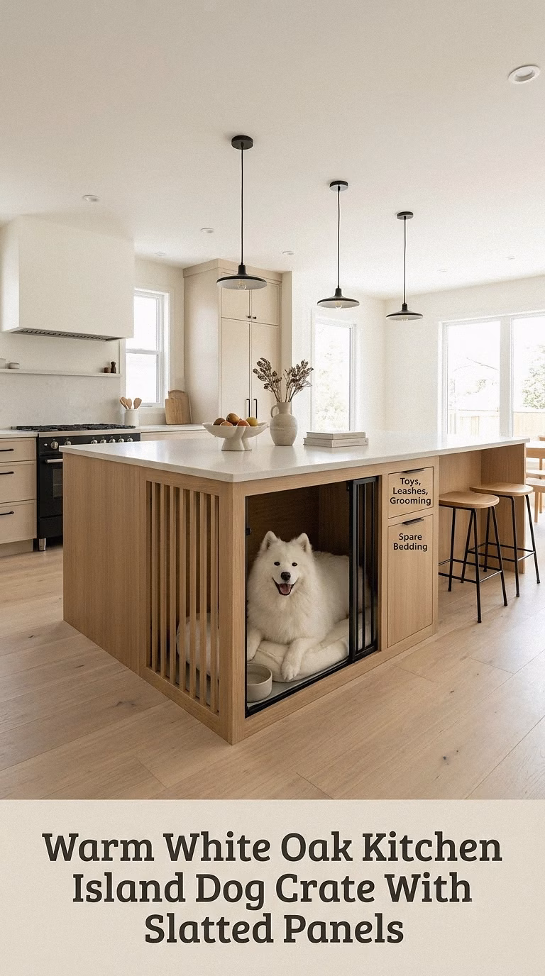 Warm White Oak Kitchen Island Dog Crate With Slatted Panels