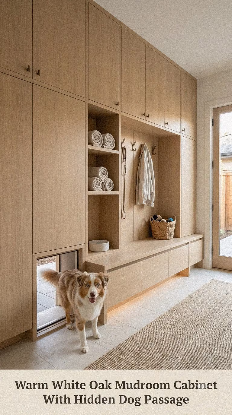 Warm White Oak Mudroom Cabinet With Hidden Dog Passage