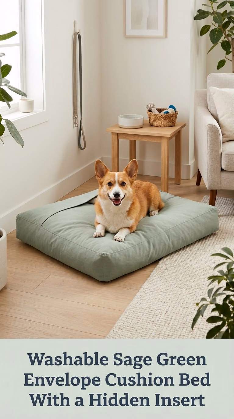 Washable Sage Green Envelope Cushion Bed With a Hidden Insert