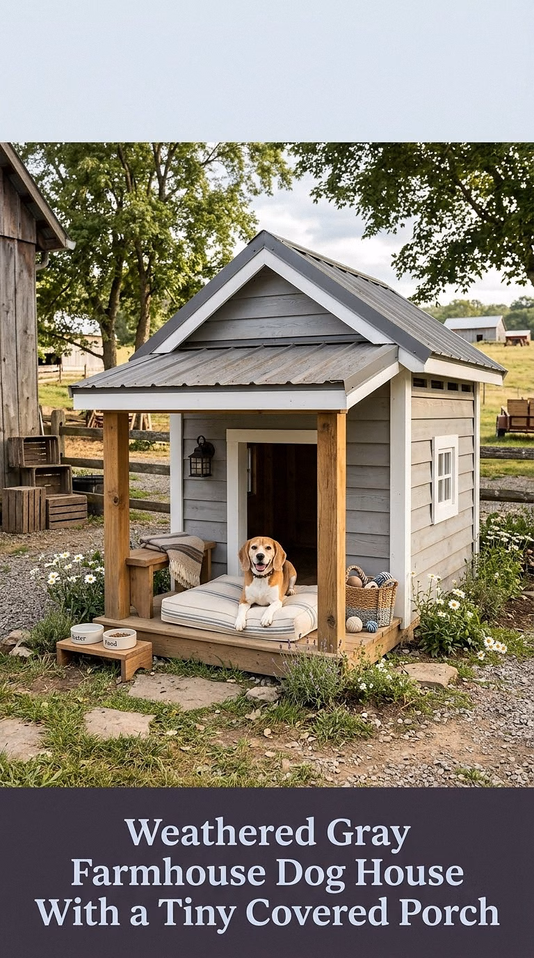 2. Weathered Gray Farmhouse Dog House With a Tiny Covered Porch