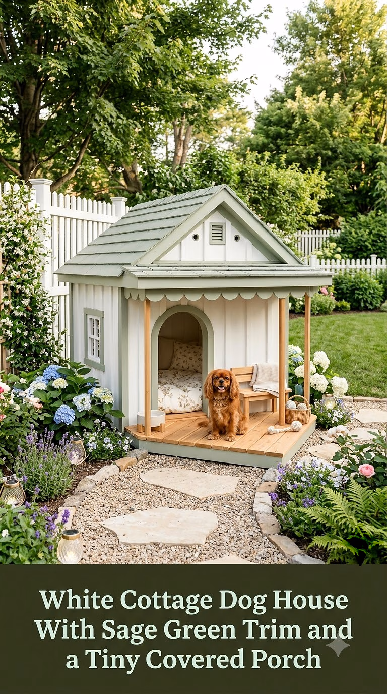 White Cottage Dog House With Sage Green Trim and a Tiny Covered Porch