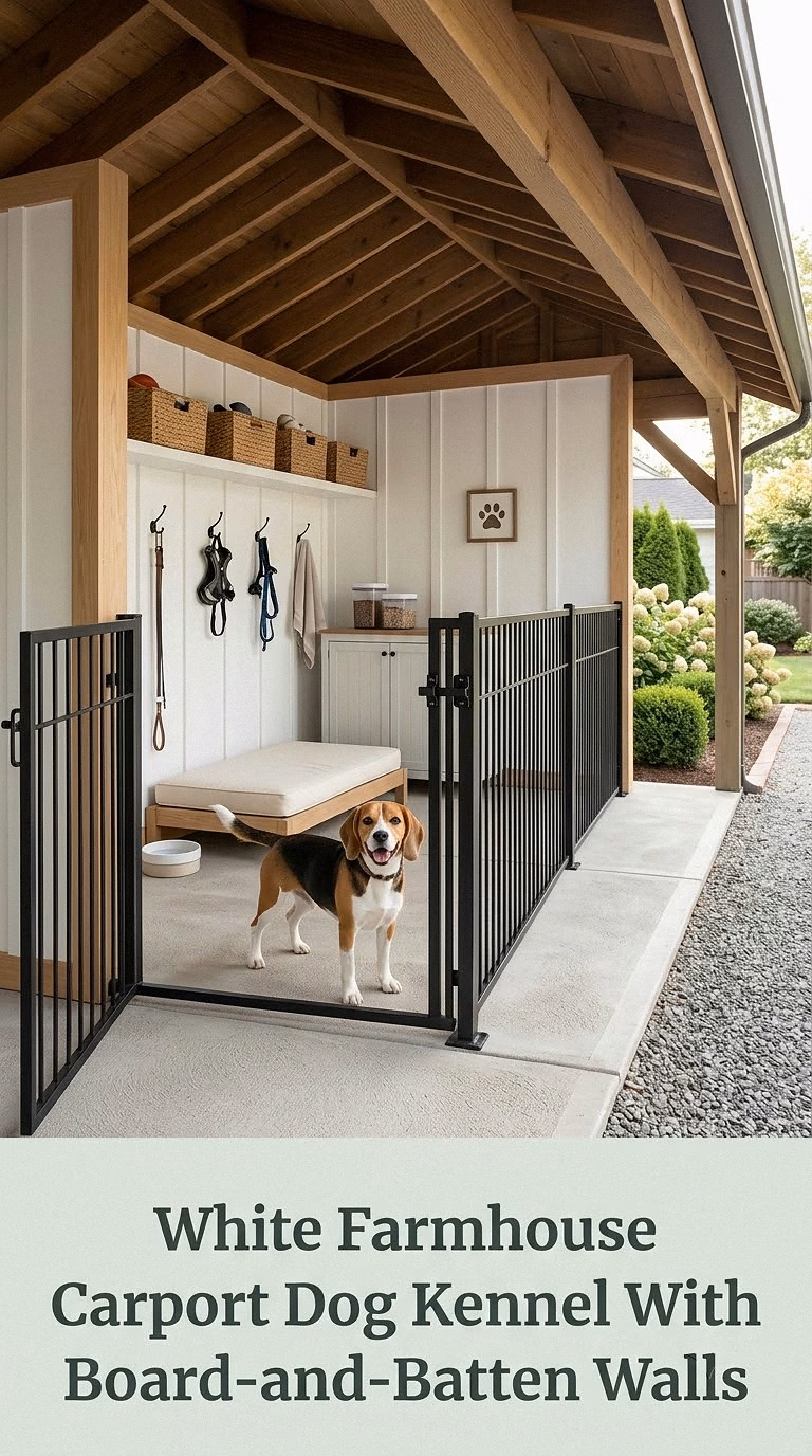 White Farmhouse Carport Dog Kennel With Board-and-Batten Walls