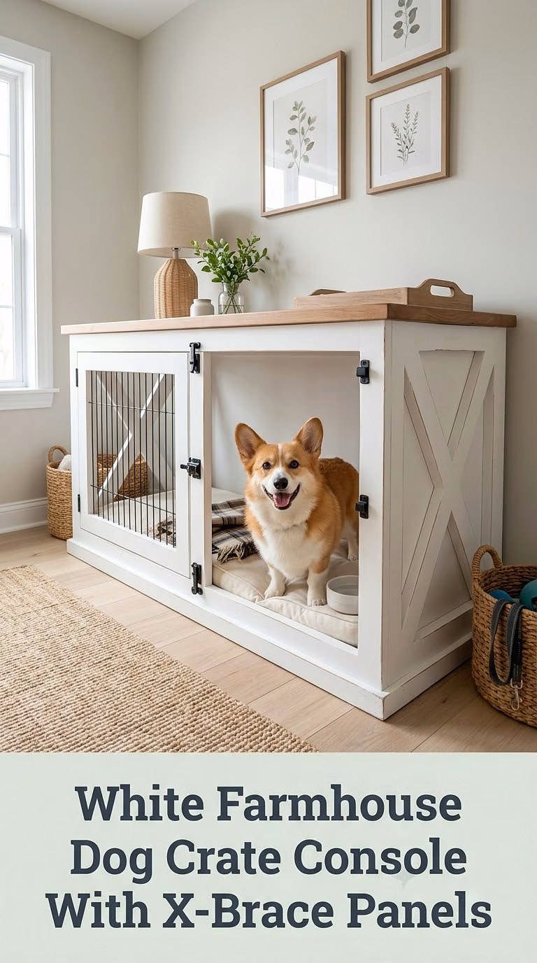 White Farmhouse Dog Crate Console With X-Brace Panels