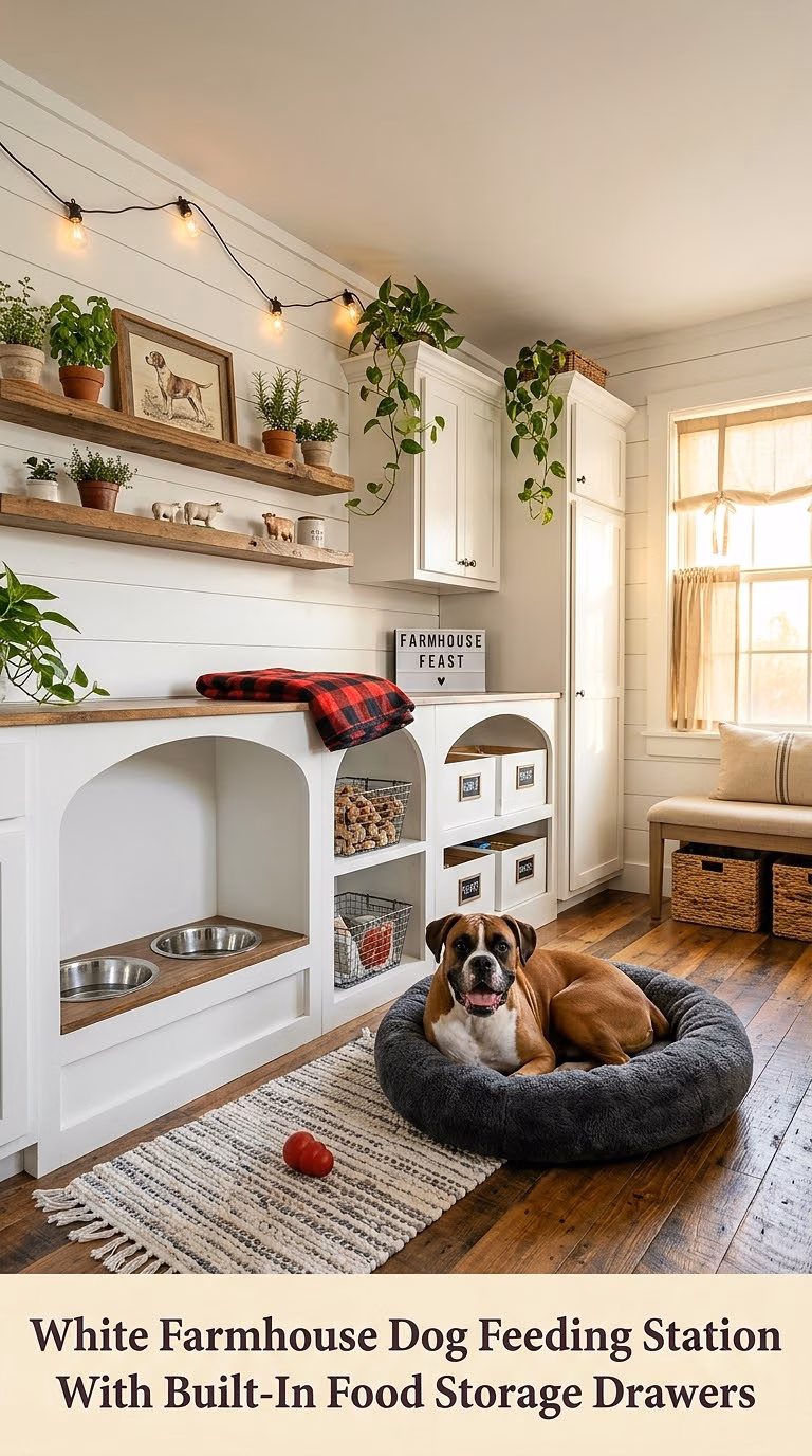 2. White Farmhouse Dog Feeding Station With Built-In Food Storage Drawers