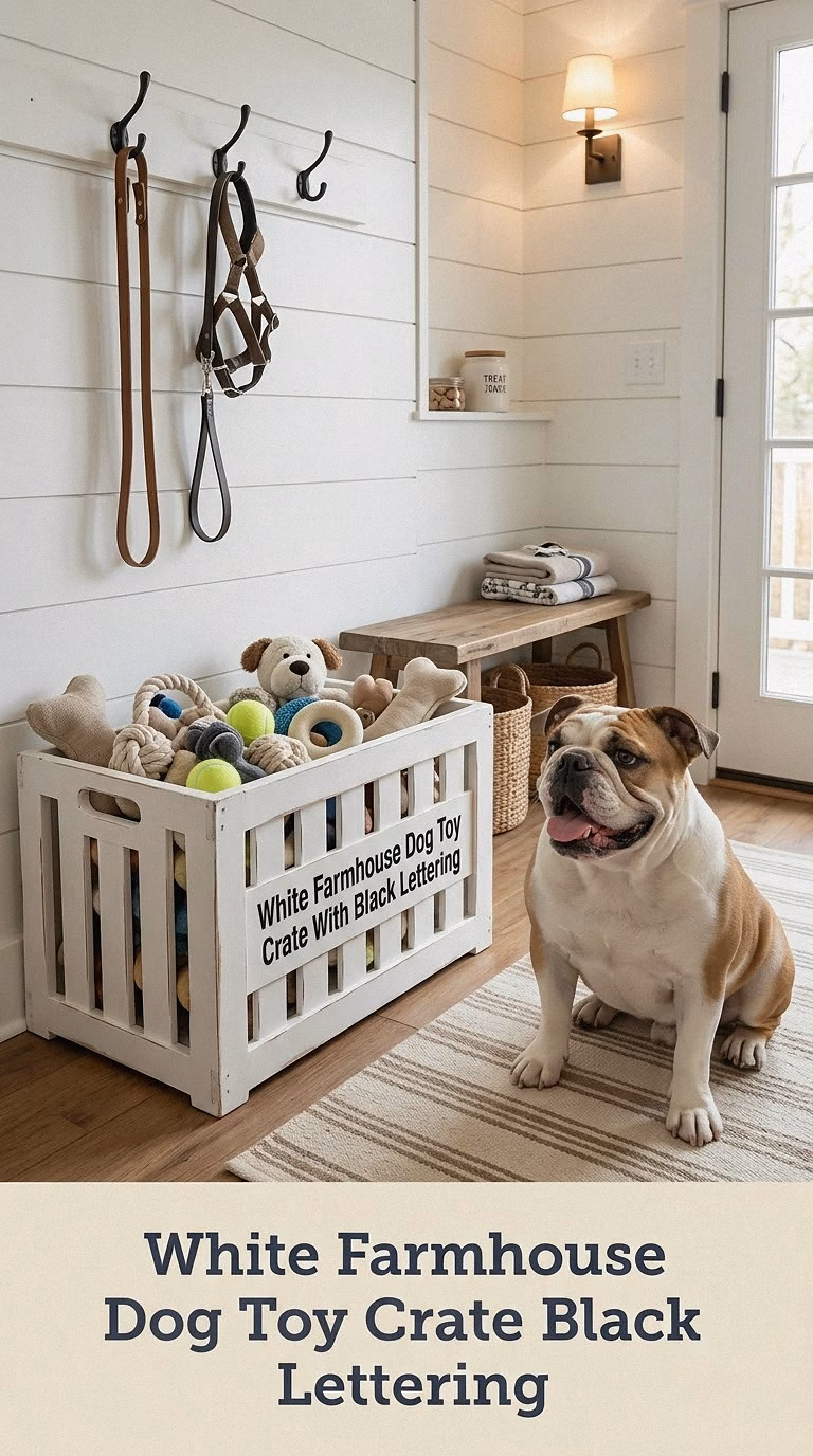White Farmhouse Dog Toy Crate With Black Lettering