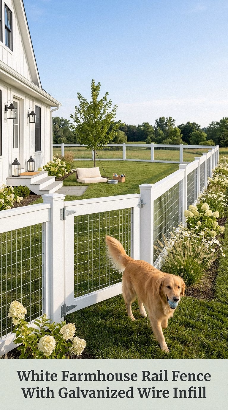 White Farmhouse Rail Fence With Galvanized Wire Infill