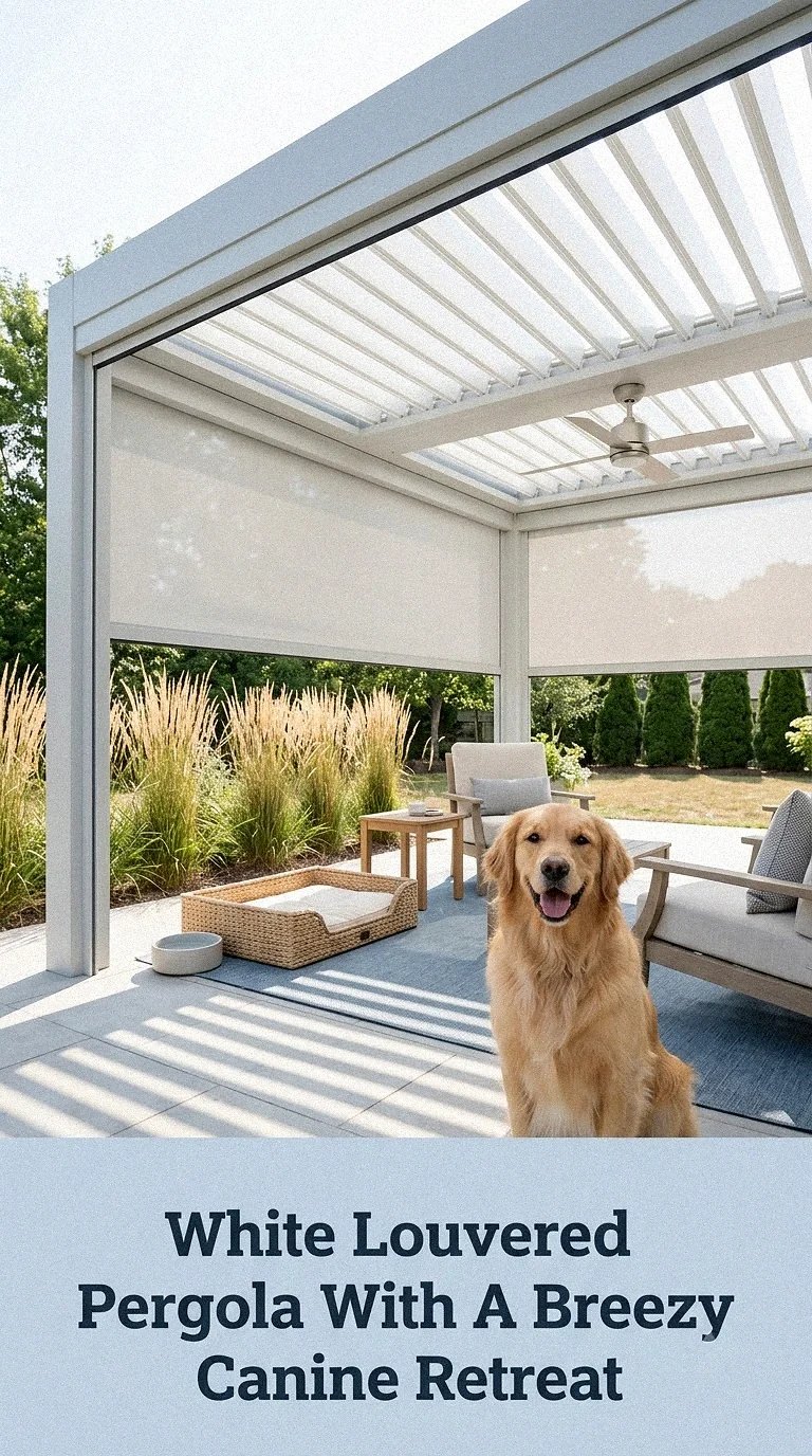 White Louvered Pergola With A Breezy Canine Retreat
