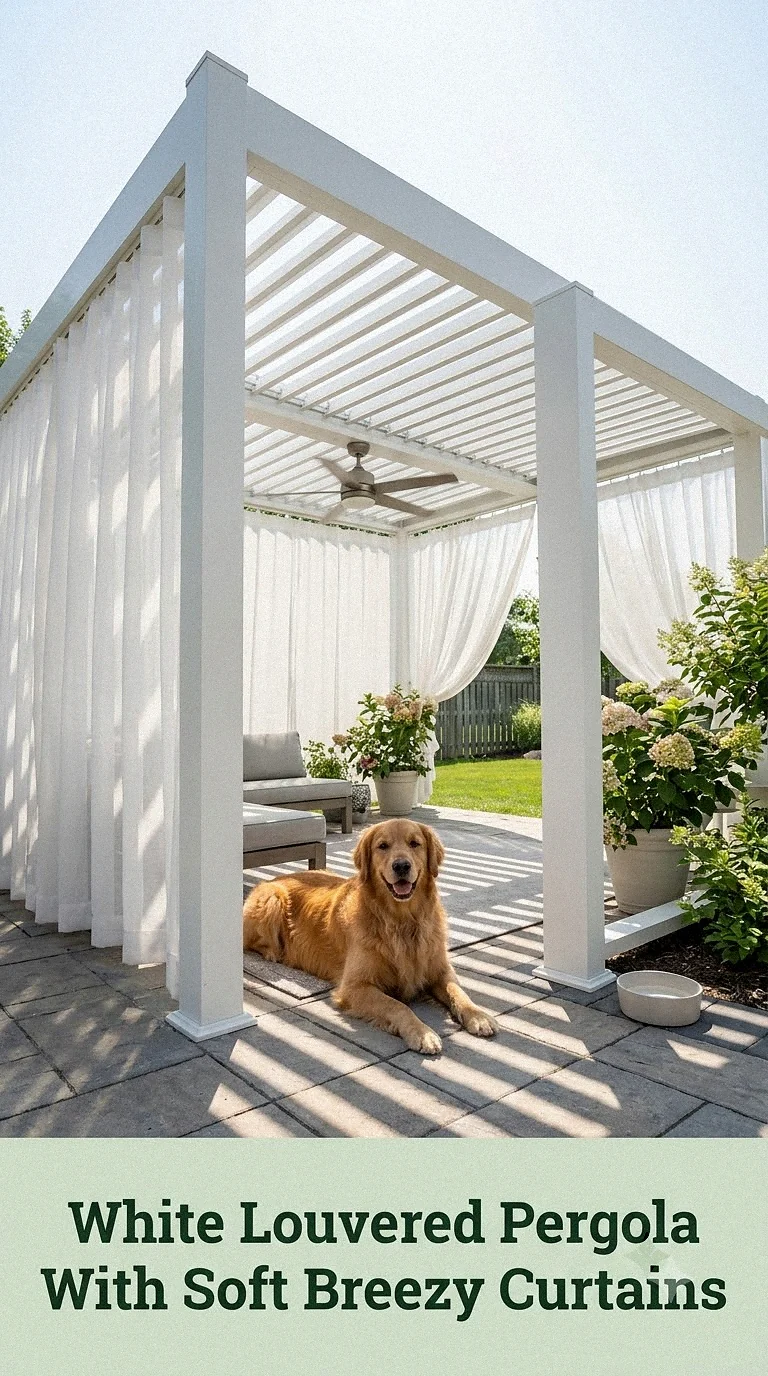 White Louvered Pergola With Soft Breezy Curtains