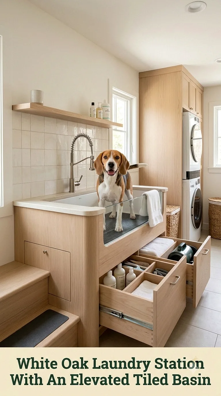 White Oak Laundry Station With An Elevated Tiled Basin