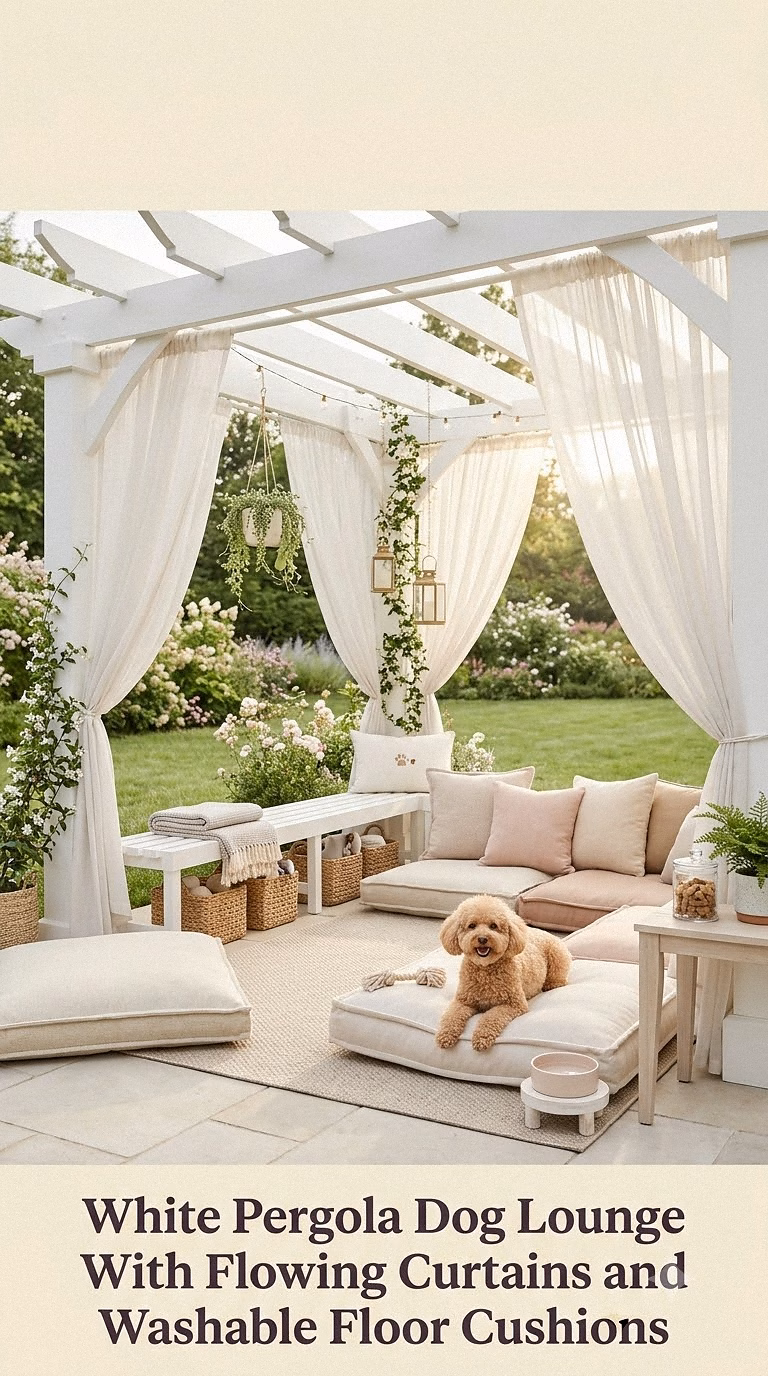 2. White Pergola Dog Lounge With Flowing Curtains and Washable Floor Cushions