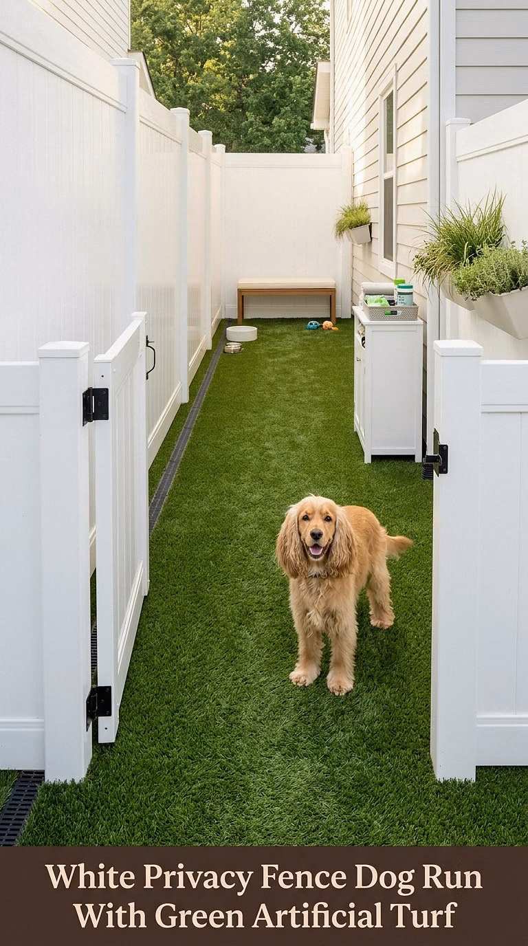 White Privacy Fence Dog Run With Green Artificial Turf