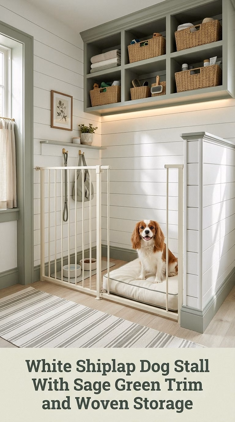White Shiplap Dog Stall With Sage Green Trim and Woven Storage