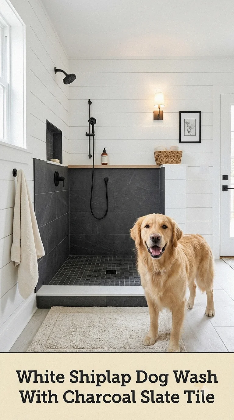 White Shiplap Dog Wash With Charcoal Slate Tile