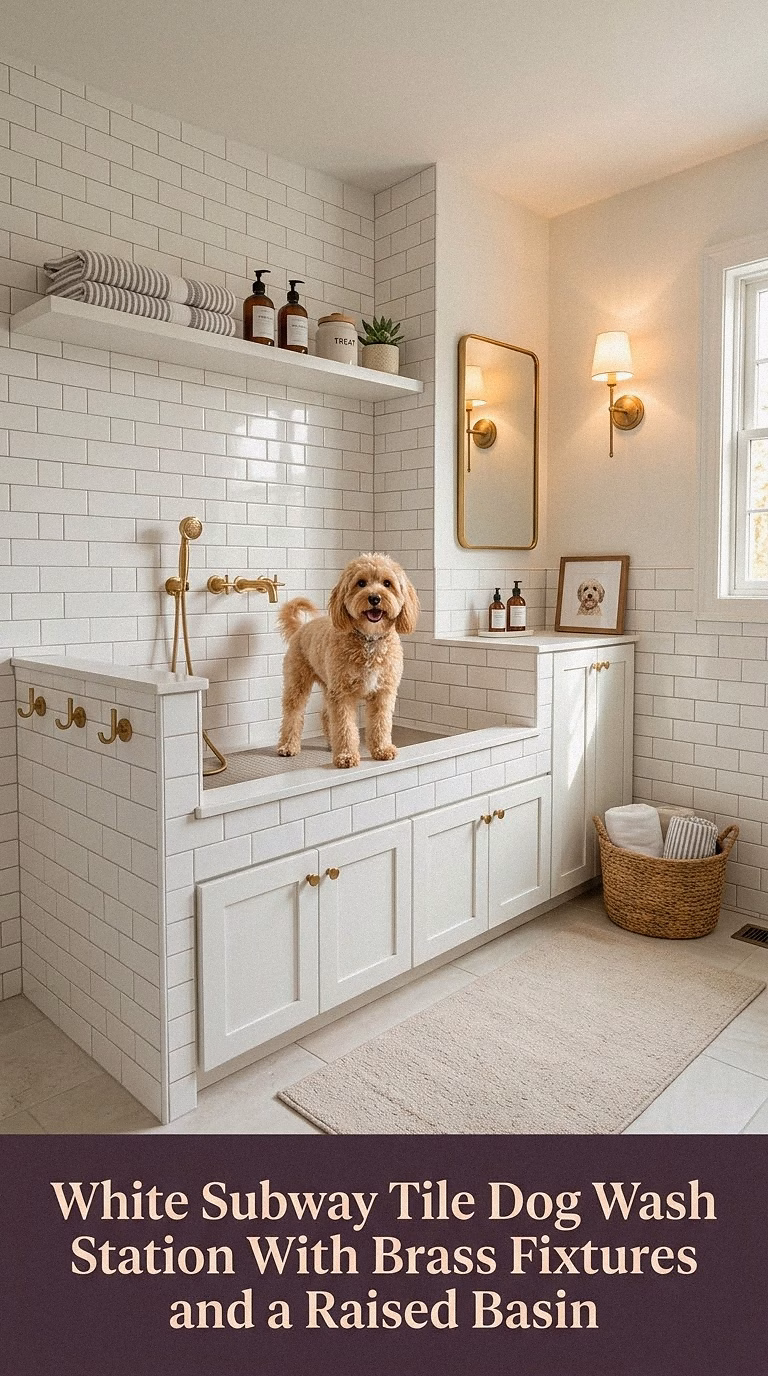 2. White Subway Tile Dog Wash Station With Brass Fixtures and a Raised Basin