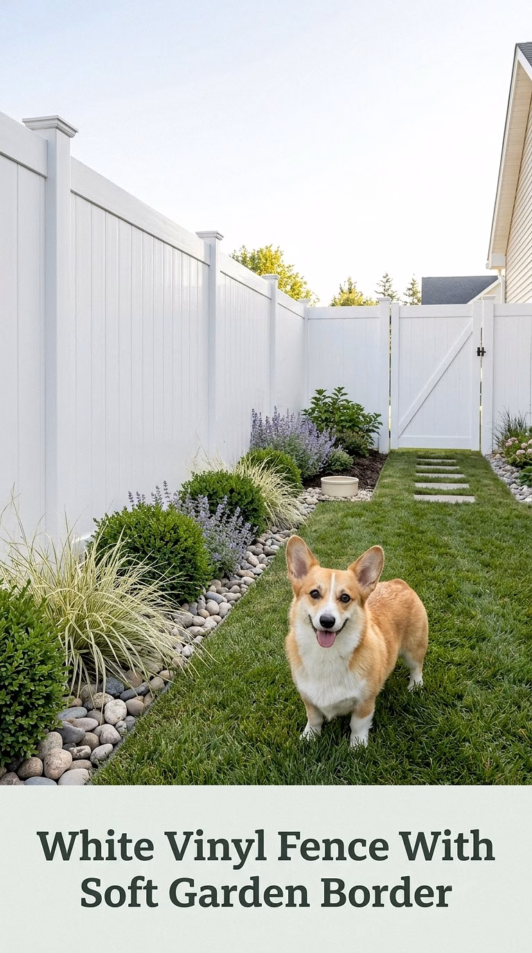 White Vinyl Fence With Soft Garden Border