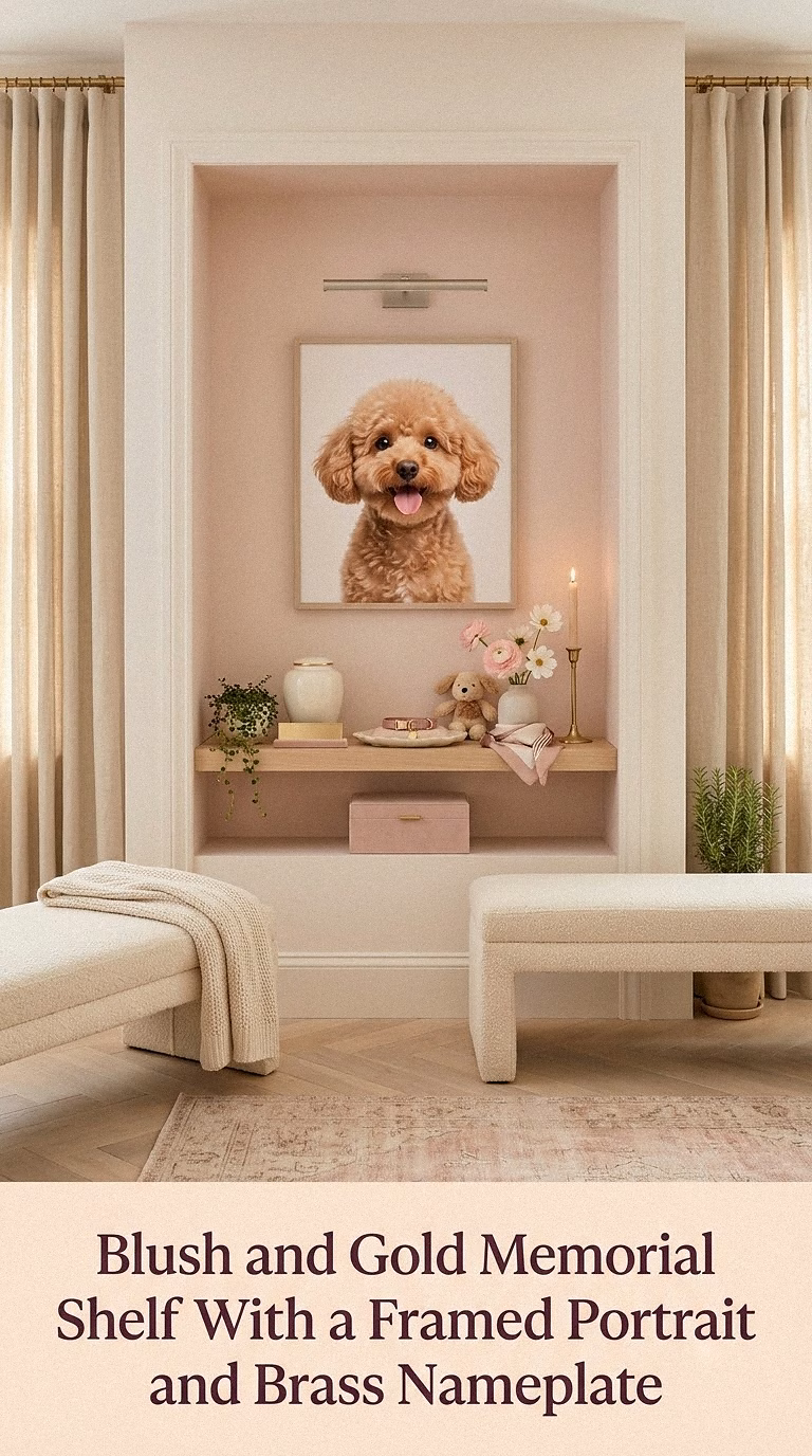 3. Blush and Gold Memorial Shelf With a Framed Portrait and Brass Nameplate