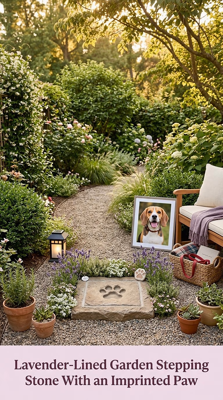 3. Lavender-Lined Garden Stepping Stone With an Imprinted Paw