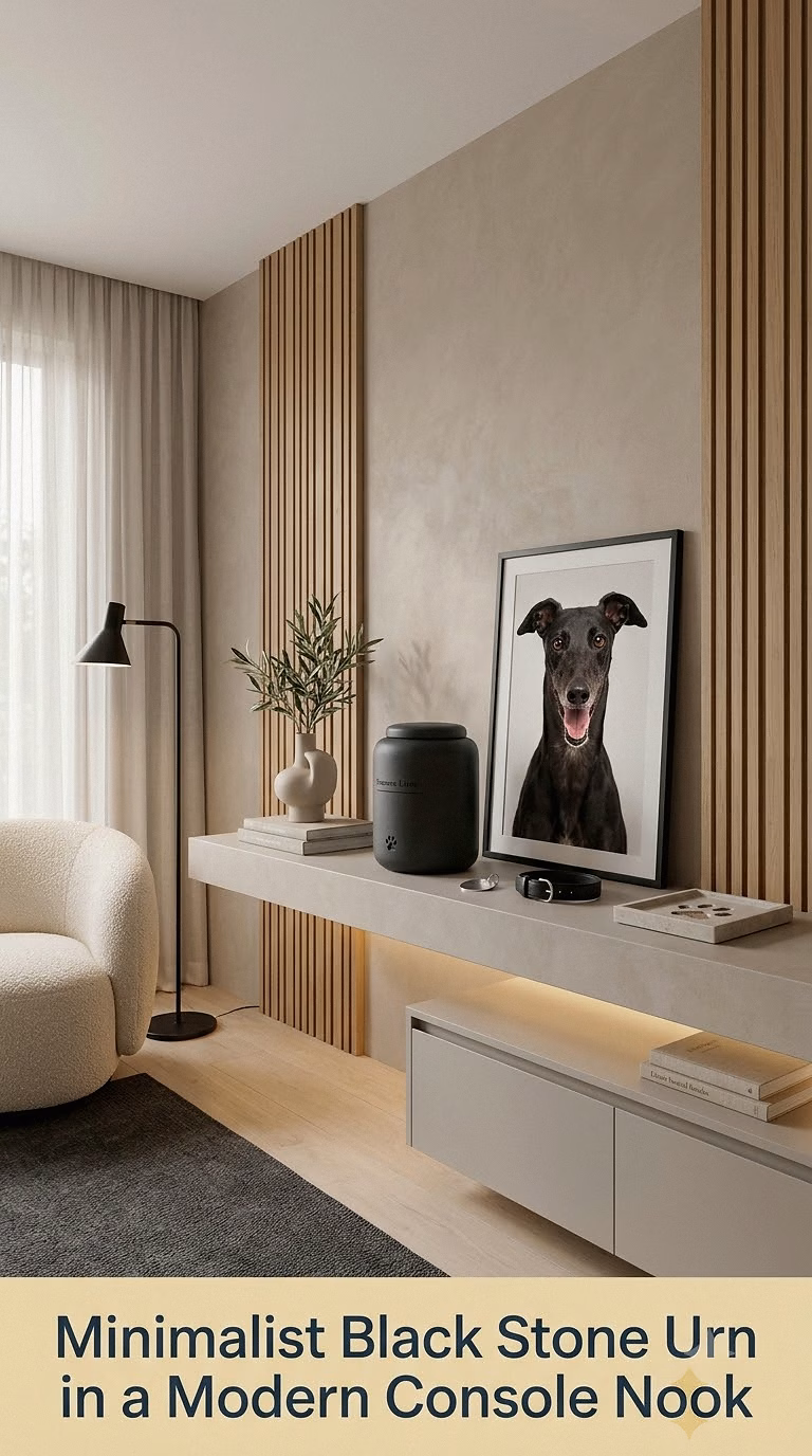 3. Minimalist Black Stone Urn in a Modern Console Nook