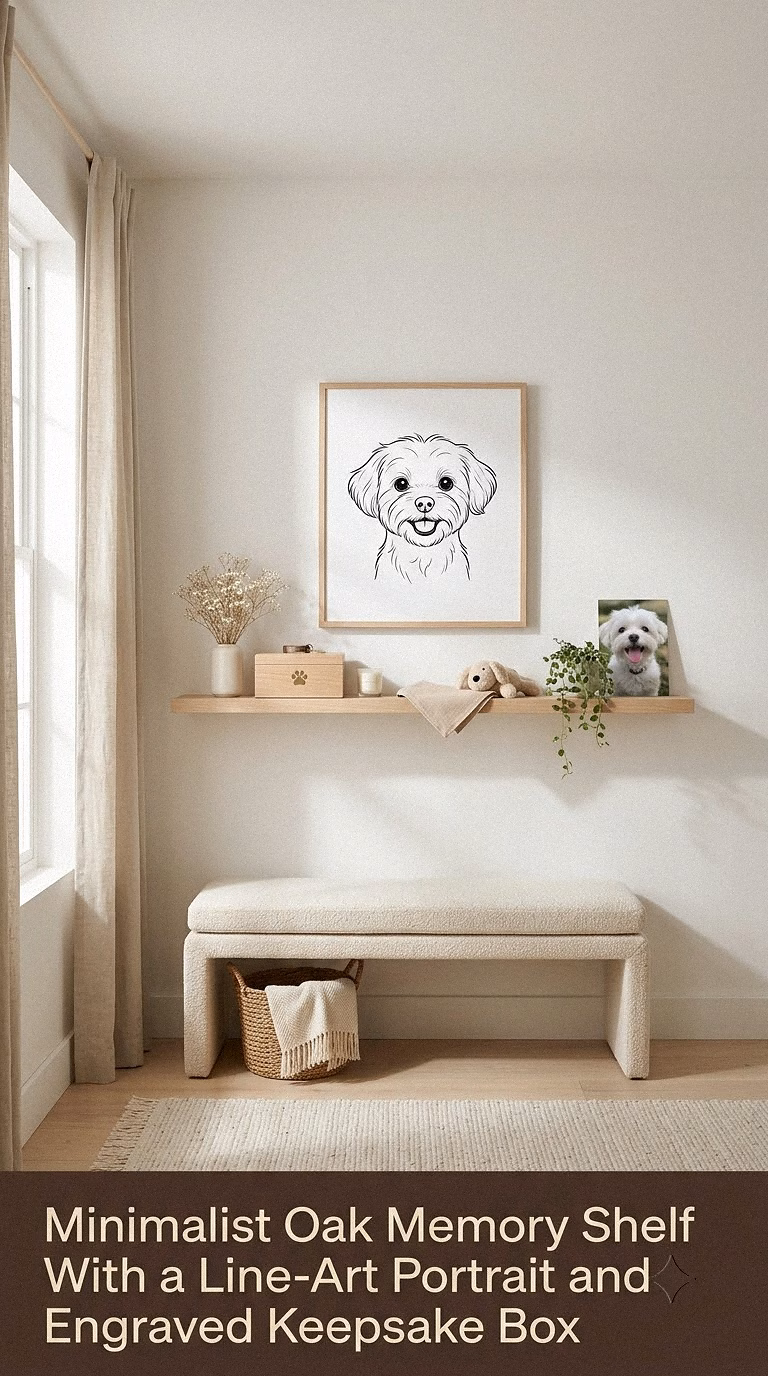3. Minimalist Oak Memory Shelf With a Line-Art Portrait and Engraved Keepsake Box