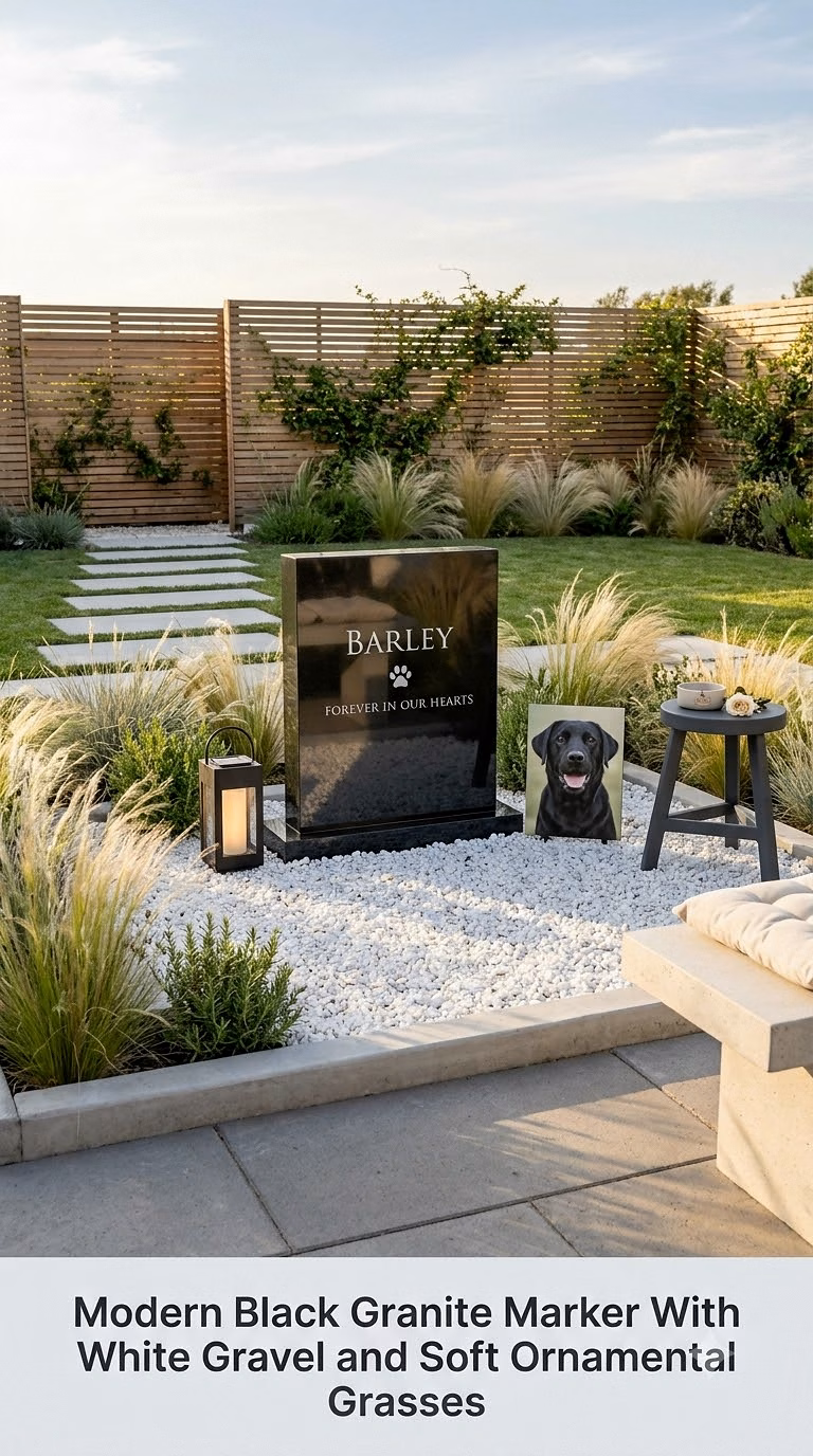 3. Modern Black Granite Marker With White Gravel and Soft Ornamental Grasses