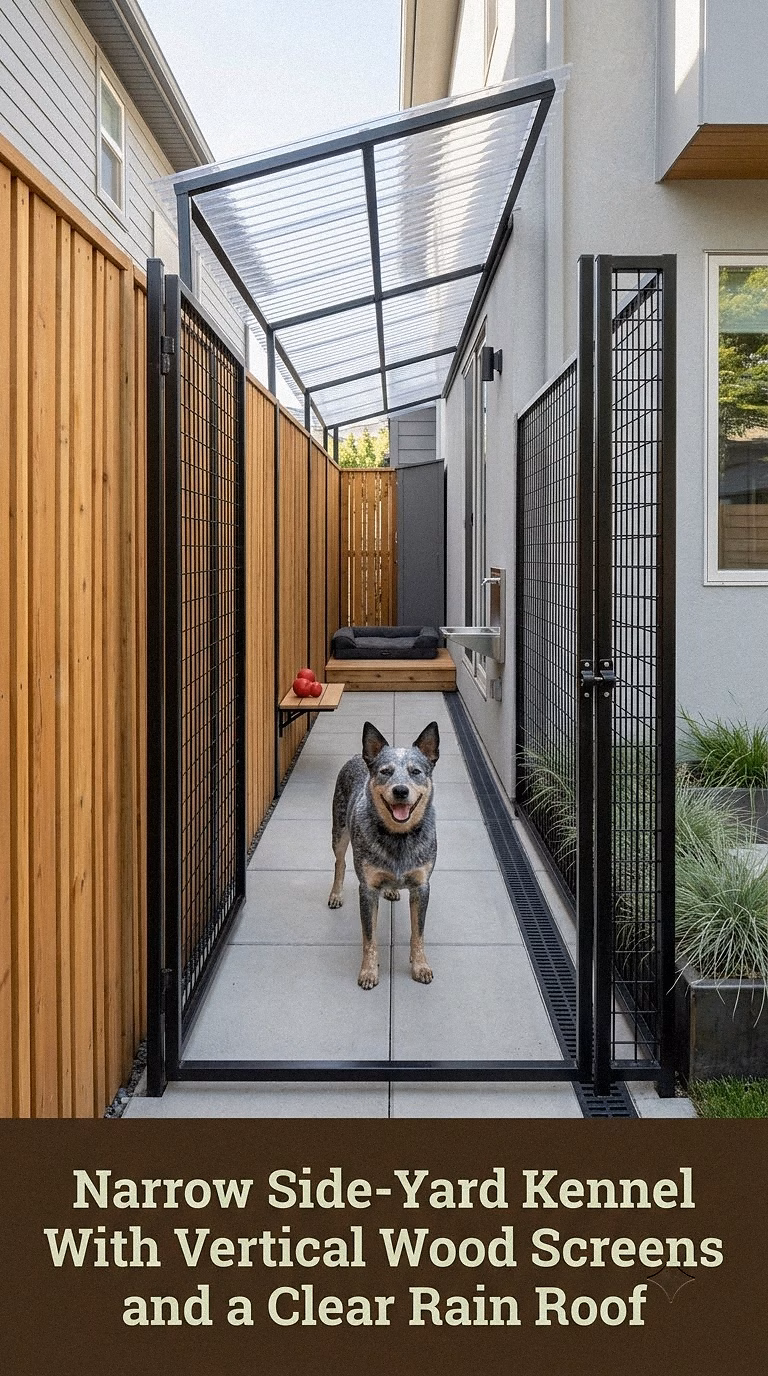 3. Narrow Side-Yard Kennel With Vertical Wood Screens and a Clear Rain Roof